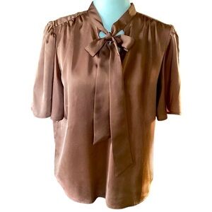 Ann Taylor Y2K Elegant Brown Satin Women's Top Bow Detail New with Tags Size MP